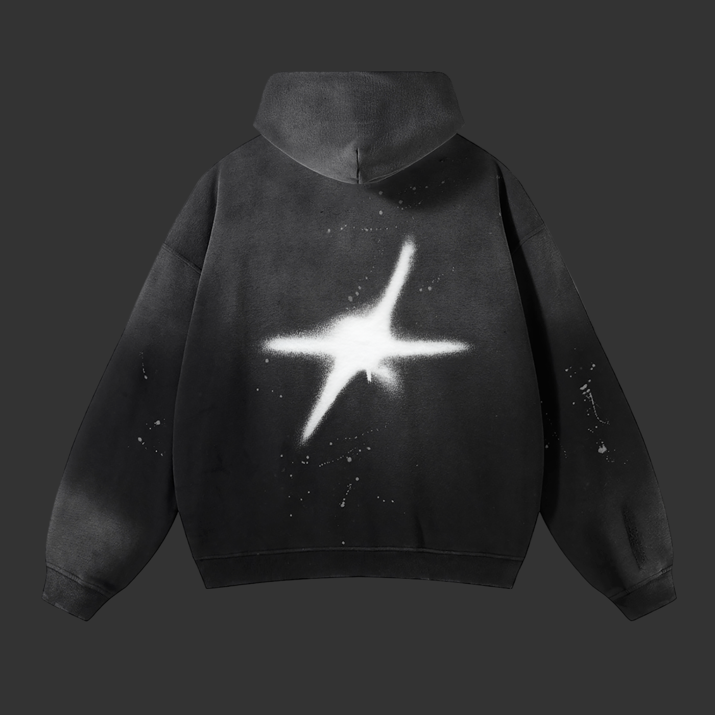 Black hoodie with a star design on the back against a white background