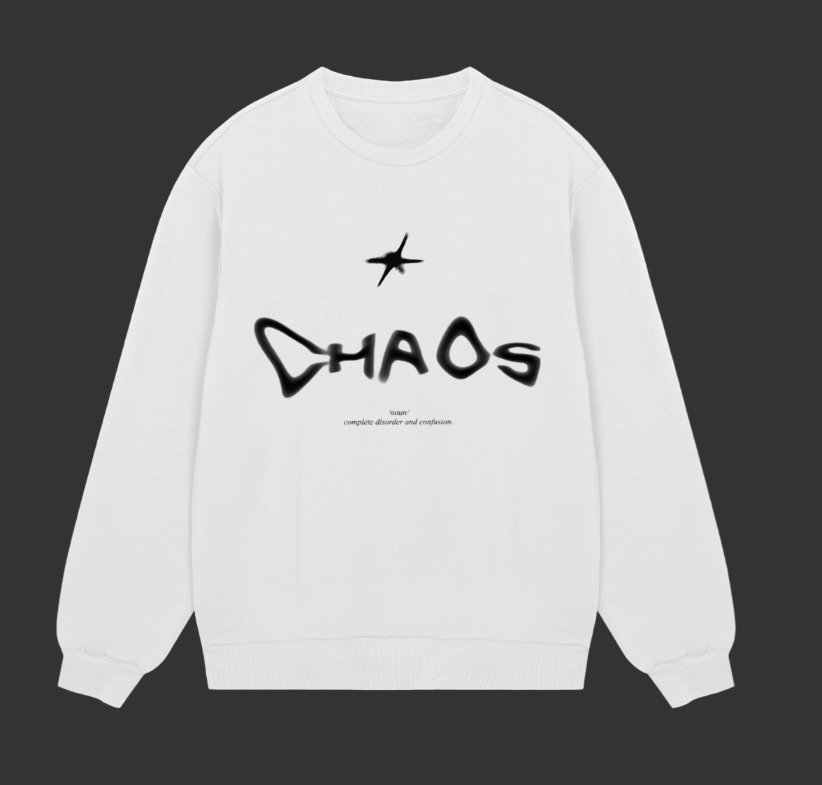 White sweatshirt with black text and star design on a black background