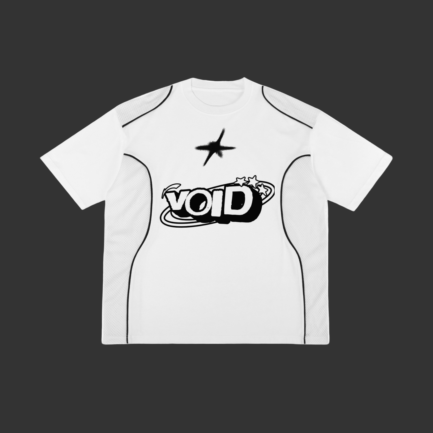 White t-shirt with black graphics and 'VOID' text on a white background