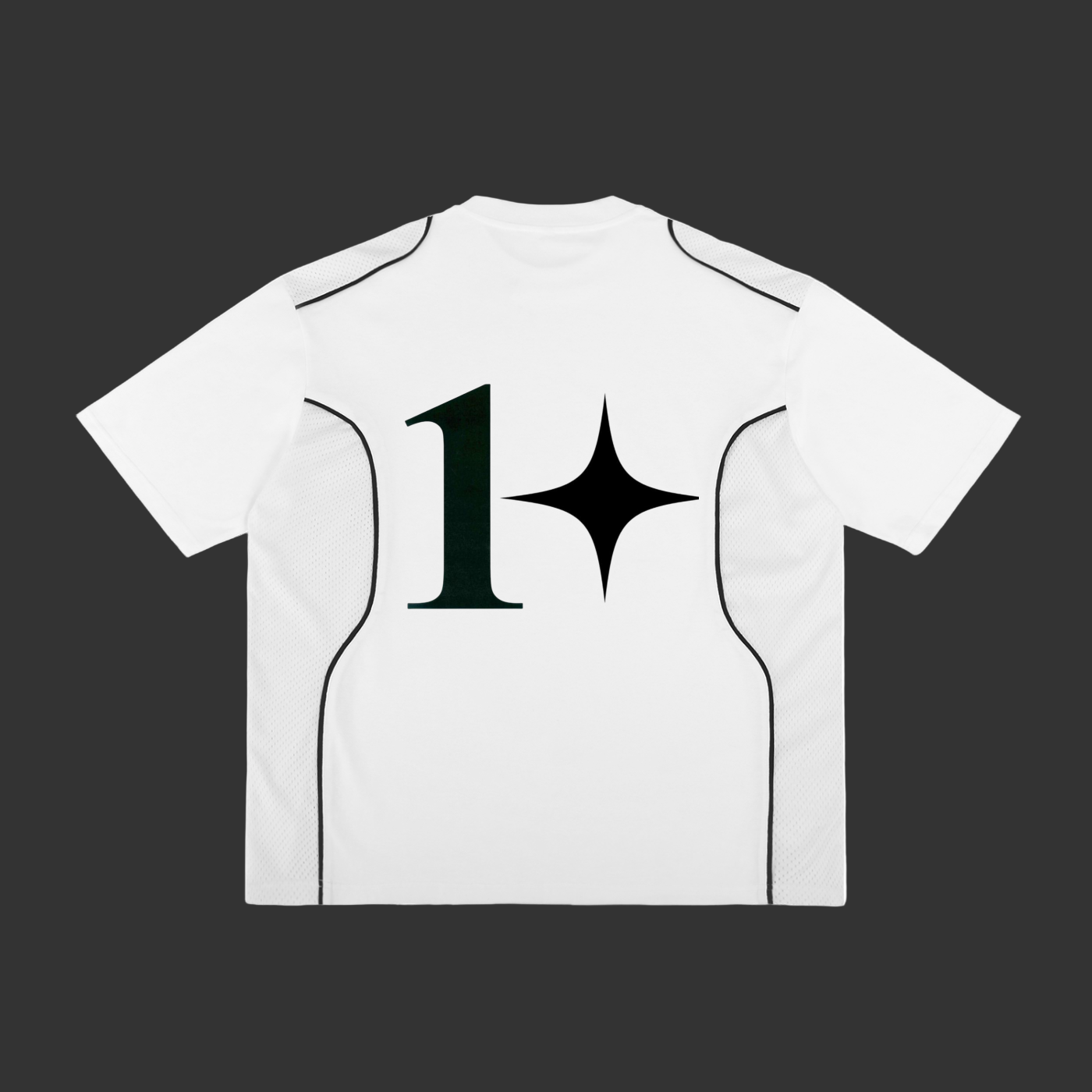 White t-shirt with black star and number design on a white background