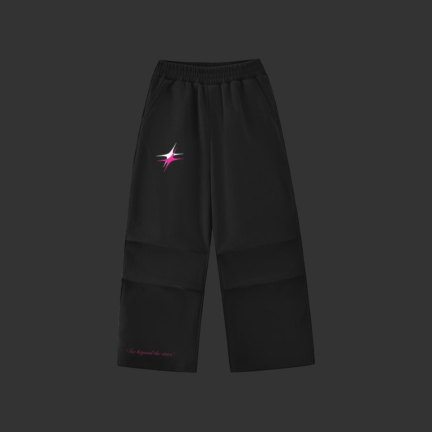 Black pants with a pink and white star design on a white background