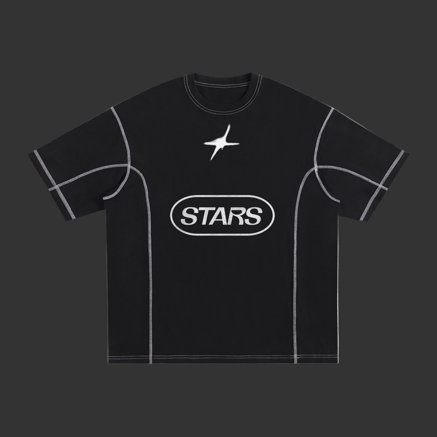 Black t-shirt with 'STARS' logo on a white background