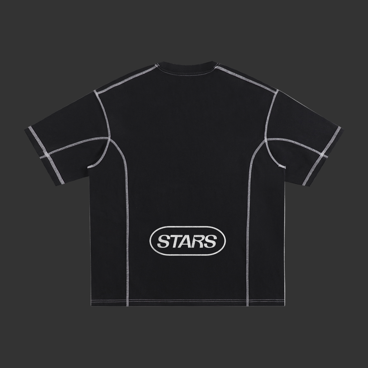 Black t-shirt with 'STARS' logo on a white background