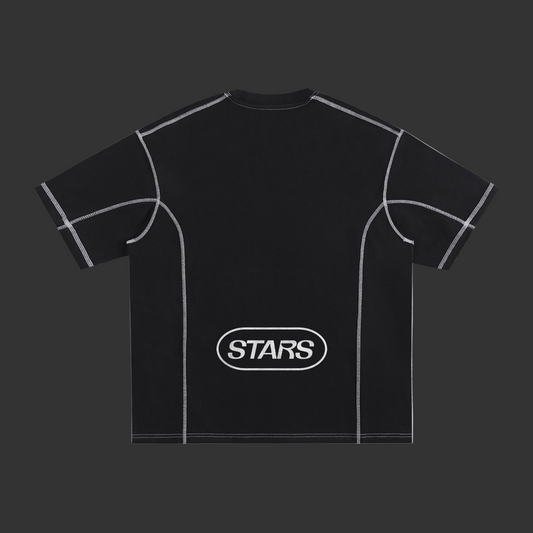 Black t-shirt with 'STARS' logo on a white background
