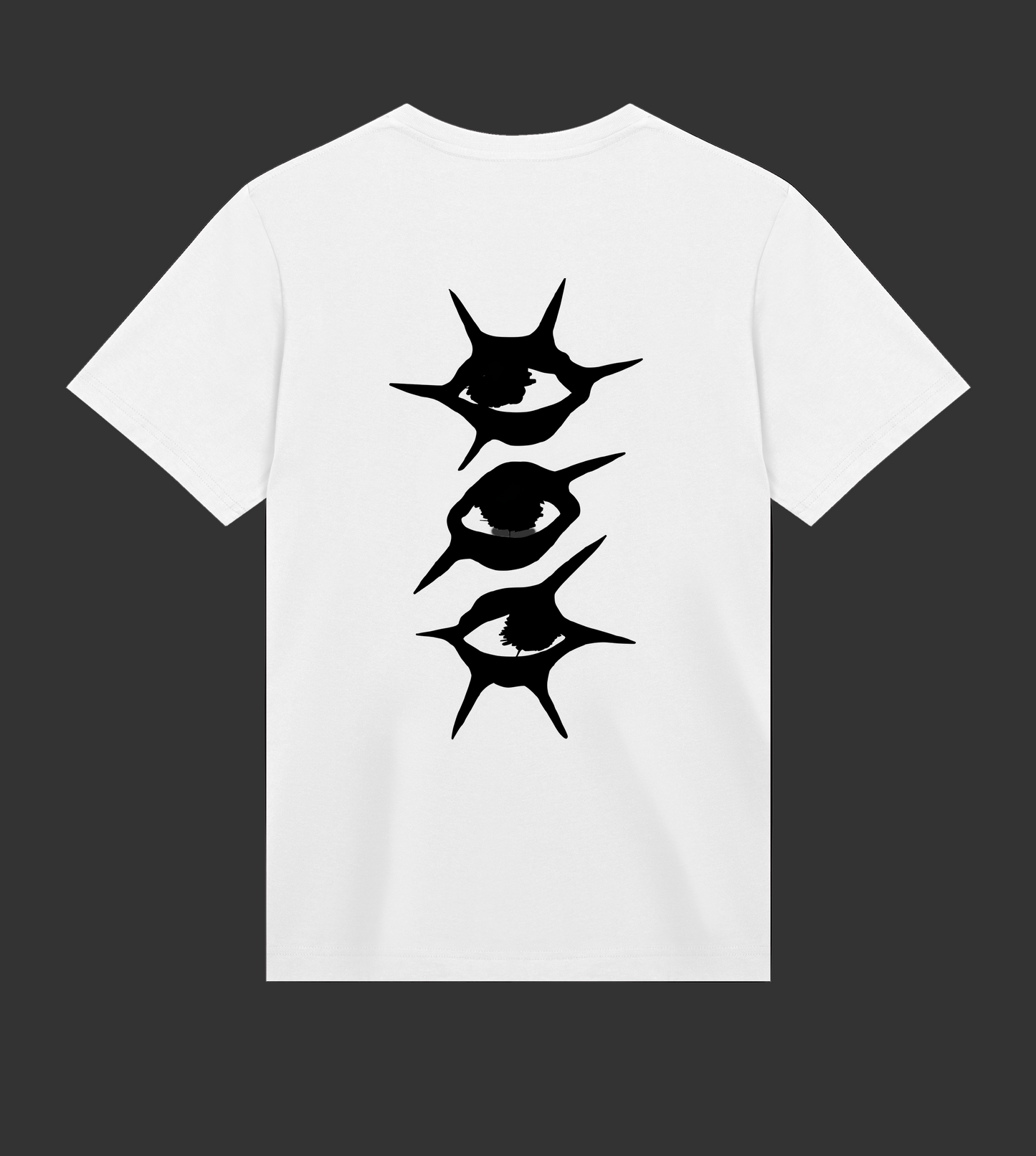 White t-shirt with black abstract designs on a white background
