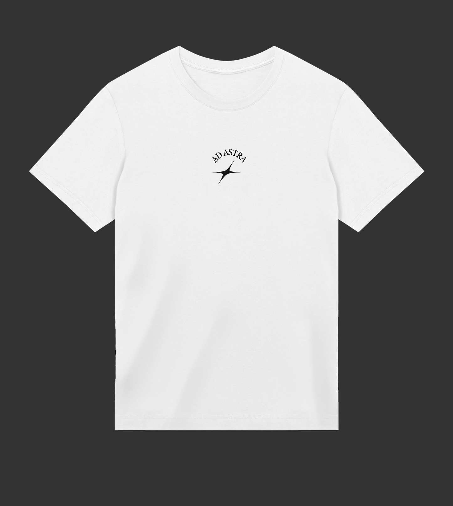 White t-shirt with a black logo on a white background