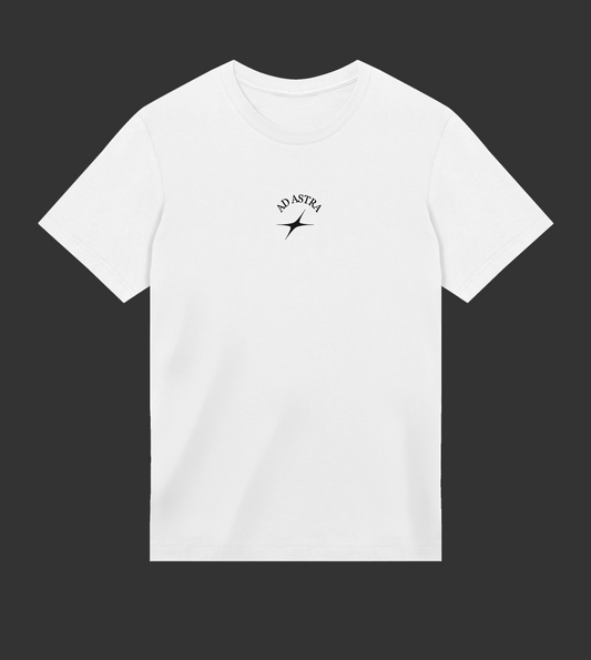White t-shirt with a black logo on a white background